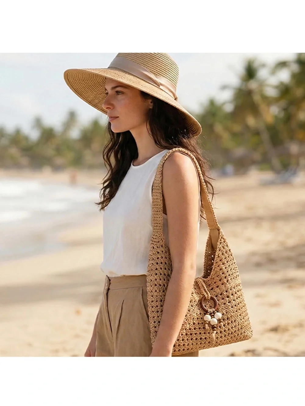 Woven Crochet Shoulder Bag in Cream